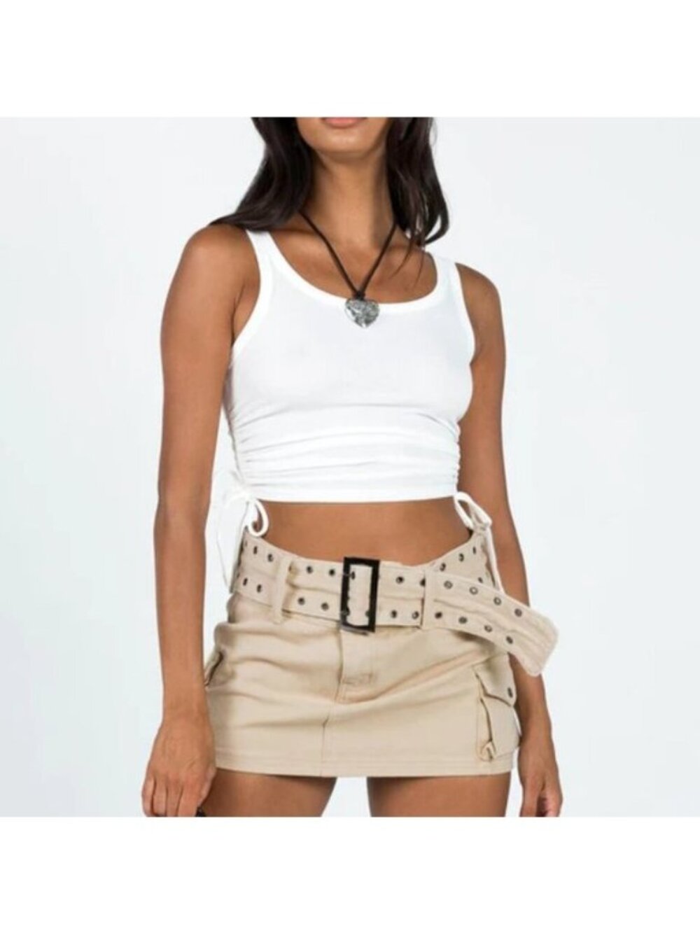 Princess Polly Iconic Cargo Mini Skirt Beige Double Studded Eyelet Wide Belt Jea